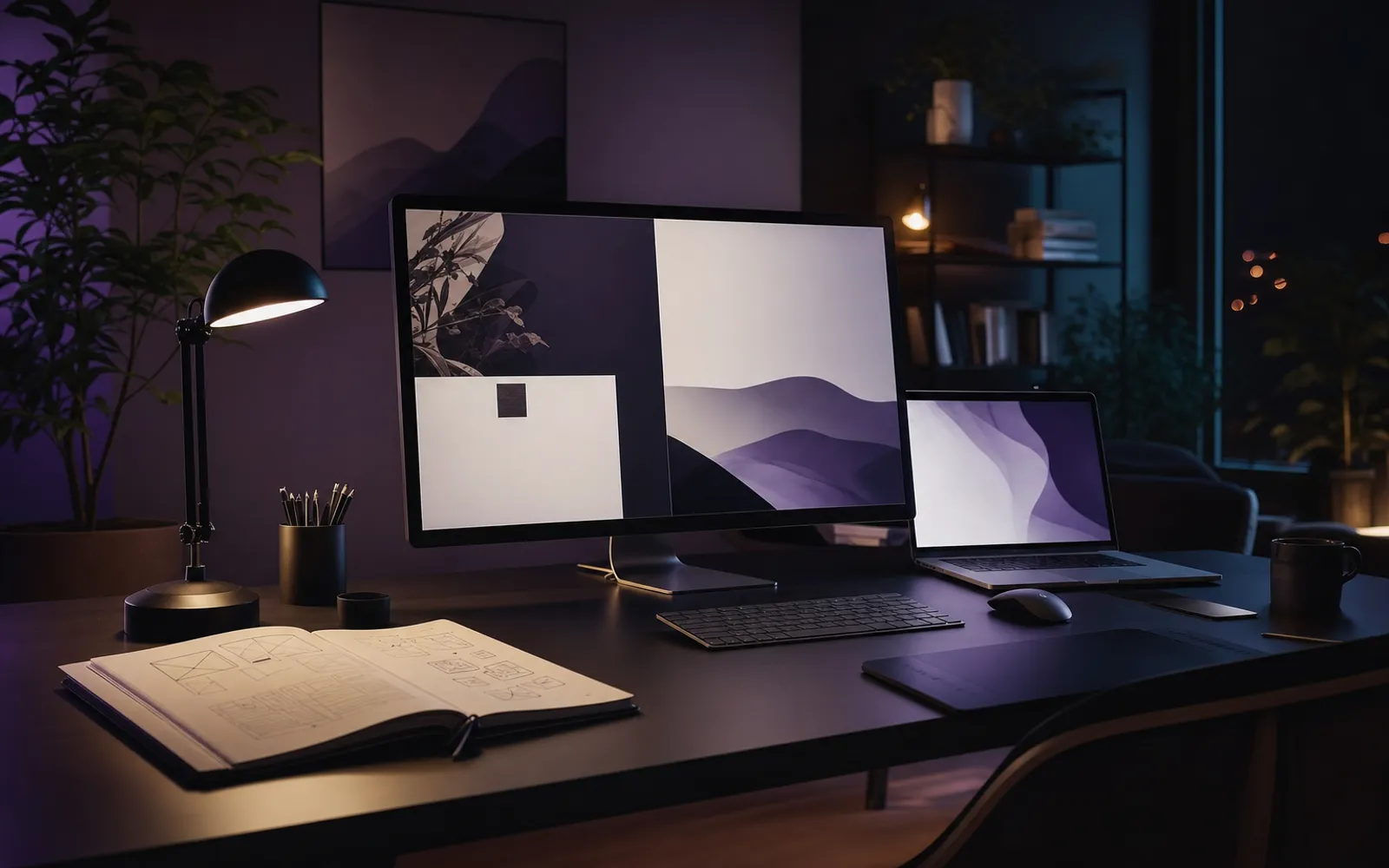 Mesa de trabajo de diseño web con portátil y bocetos